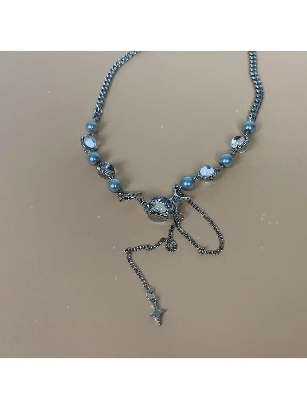 Cyber y2k grunge silver and beaded futuristic glass opal pendant necklace. Cuban